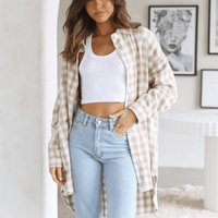 Boho Beach Hut flannel plaid coat, jacket Boho Plaid Long Sleeve Button Up Coat Khaki / S