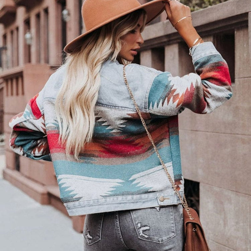 Boho Beach Hut Jackets, Denim Jackets, Geometric Print Jacket Boho Denim Jacket
