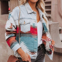 Boho Beach Hut Jackets, Denim Jackets, Geometric Print Jacket Boho Denim Jacket