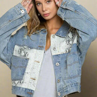 Boho Beach Hut Jackets, Denim Jackets, Snake Print Jacket, Patchwork Boho Snake Print Denim Jacket Blue / S