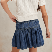 Boho Beach Hut Jean Skirt, Mini Skirt, Denim Mini Skirt Retro Pleated Denim Mini Skirt