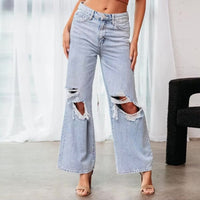 Boho Beach Hut Jeans, Pants, Denim Jeans, Washed Bleached Jeans, Flare Leg Jeans Boho High Waist Ripped Wide Leg Jeans Light Blue / S
