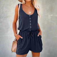 Boho Beach Hut Jumpsuits, Romper, Playsuit Sleeveless Button Up Romper Navy Blue / S