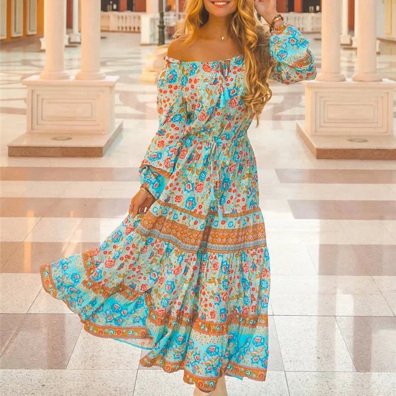 Blue Floral Off Shoulder Maxi Dress Boho Beach Hut