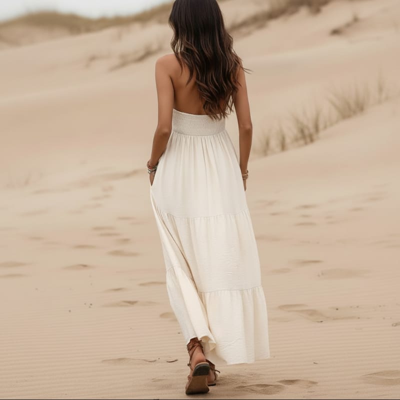 Boho Halter Maxi Dress with Open Back | Beach Vacation Dress in Brown | Women's Boho Fashion | S | Nylon, Viscose, Synthetic Boho Halter Maxi Dress with Open Back | Beach Vacation Dress in Brown | Women's Boho Fashion | S | Nylon, Viscose, Synthetic