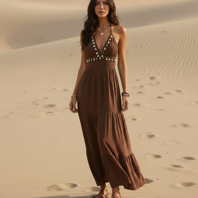 Boho Halter Maxi Dress with Open Back | Beach Vacation Dress in Brown | Women's Boho Fashion | S | Nylon, Viscose, Synthetic Boho Halter Maxi Dress with Open Back | Beach Vacation Dress in Brown | Women's Boho Fashion | S | Nylon, Viscose, Synthetic