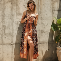 Boho Beach Hut Midi Dress, Sundress, Floral Dress Floral Print Sleeveless Midi Dress Orange / S