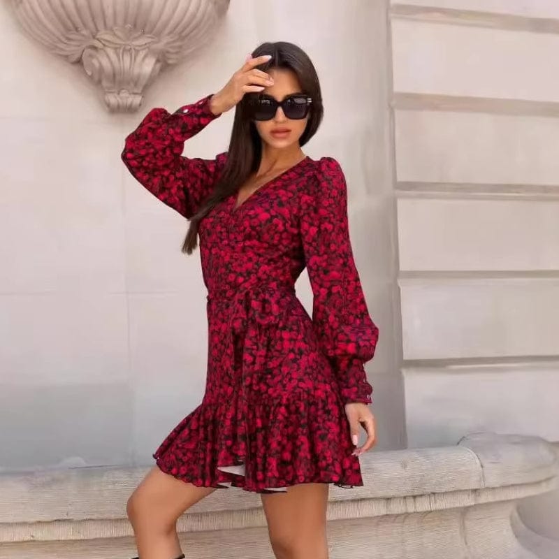 Boho Beach Hut Mini Dress, Chic Dress, Boho Dress, Summer Dress Boho V-Neck Printed Mini Dress Red / S