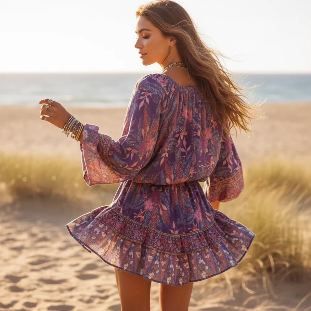 Boho Floral Print Mini Dress – Ruffle Skirt & Batwing Sleeve Dress – Boho  Beach Hut
