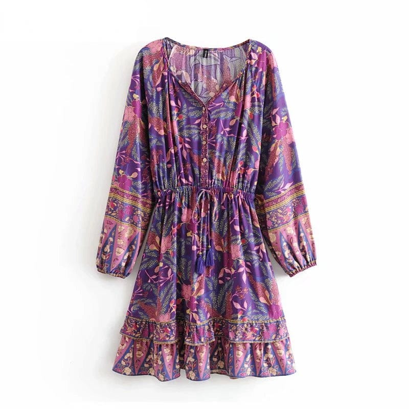 Boho Beach Hut Mini Dress, Summer Dress Boho Chic Floral Print Mini Dress