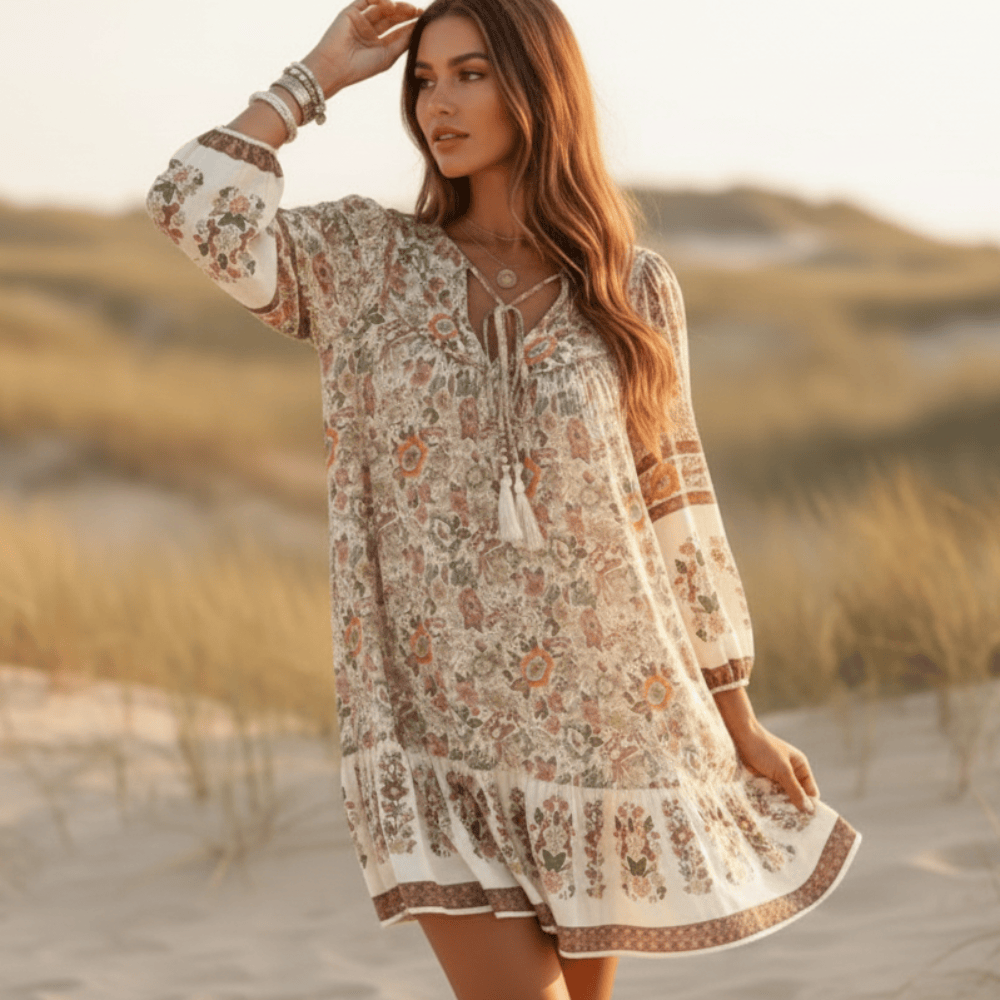 Boho Floral Mini Dress Beige Tassel V-Neck Style in Off White | Women's Boho Fashion | S | Rayon Boho Floral Mini Dress Beige Tassel V-Neck Style in Off White | Women's Boho Fashion | S | Rayon