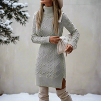 Boho Beach Hut Mini Dress, Winter Dress, Knit Dress, Turtleneck Dress Gray / S Boho Turtleneck Knit Sweater Dress