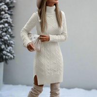 Boho Beach Hut Mini Dress, Winter Dress, Knit Dress, Turtleneck Dress Off White / S Boho Turtleneck Knit Sweater Dress