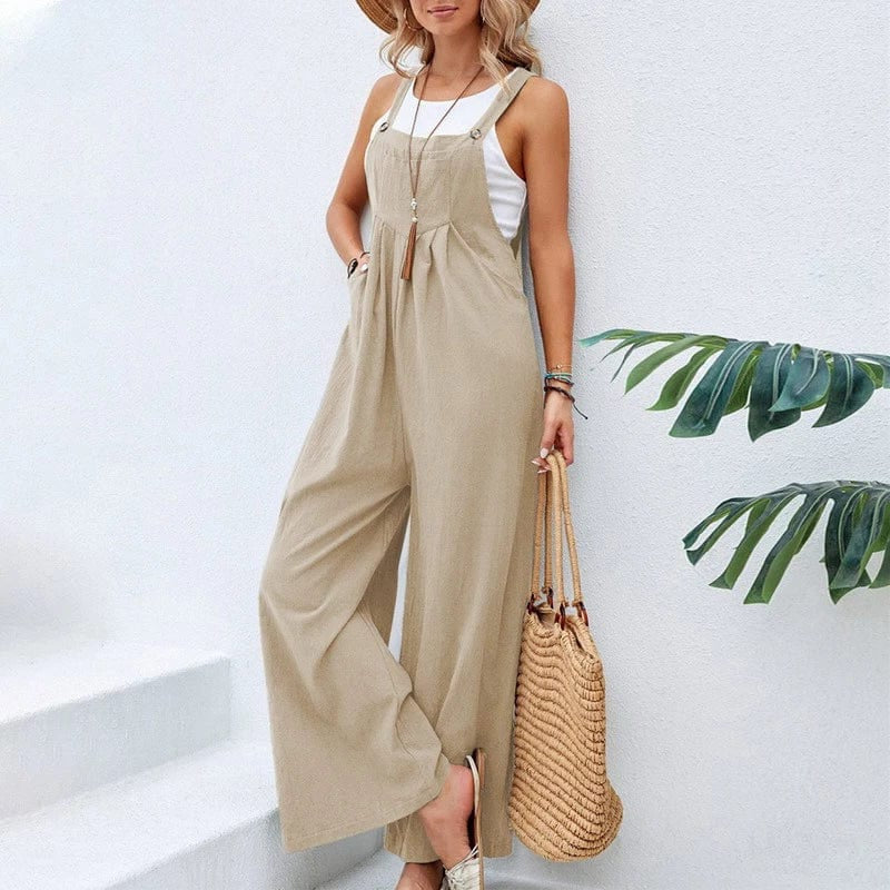Boho Beach Hut Overalls, Jumpsuit Boho Casual Flare Leg Jumpsuit Overalls Khaki / S