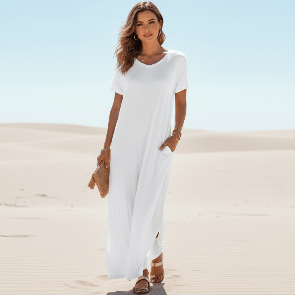 Blue T Shirt Dress Plus Size Casual Boho T-Shirt Maxi Dress V-Neck Side Slit Blue T Shirt Dress Plus Size Casual Boho T-Shirt Maxi Dress V-Neck Side Slit