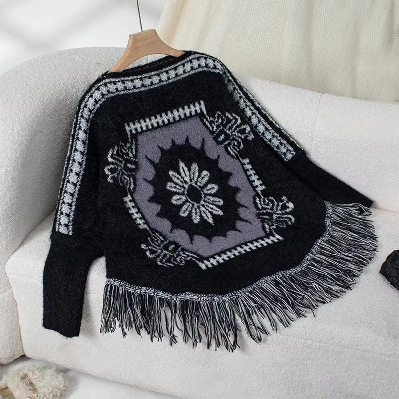 Boho Beach Hut Poncho, Sweater, Jacket Boho Knit Poncho Sweater Black / One Size
