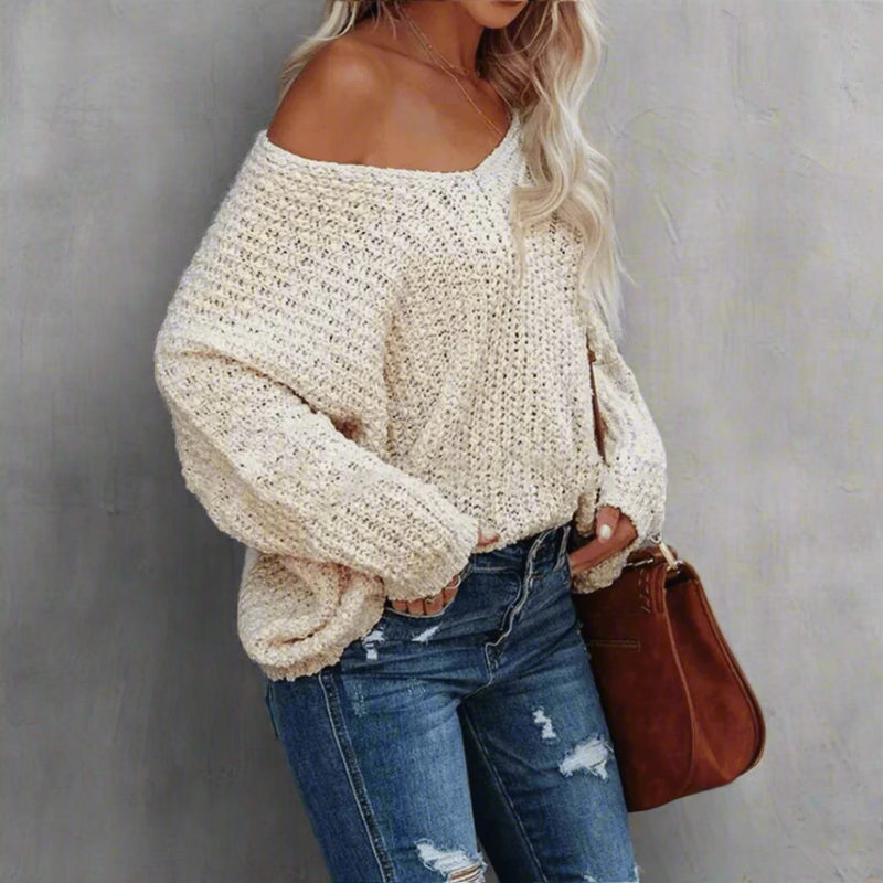 Boho Beach Hut Pullovers, Sweater, Knit Sweater, Boho Sweater Boho Off Shoulder Knit V‑Neck Sweater