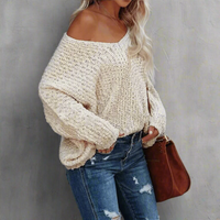 Boho Beach Hut Pullovers, Sweater, Knit Sweater, Boho Sweater Boho Off Shoulder Knit V‑Neck Sweater