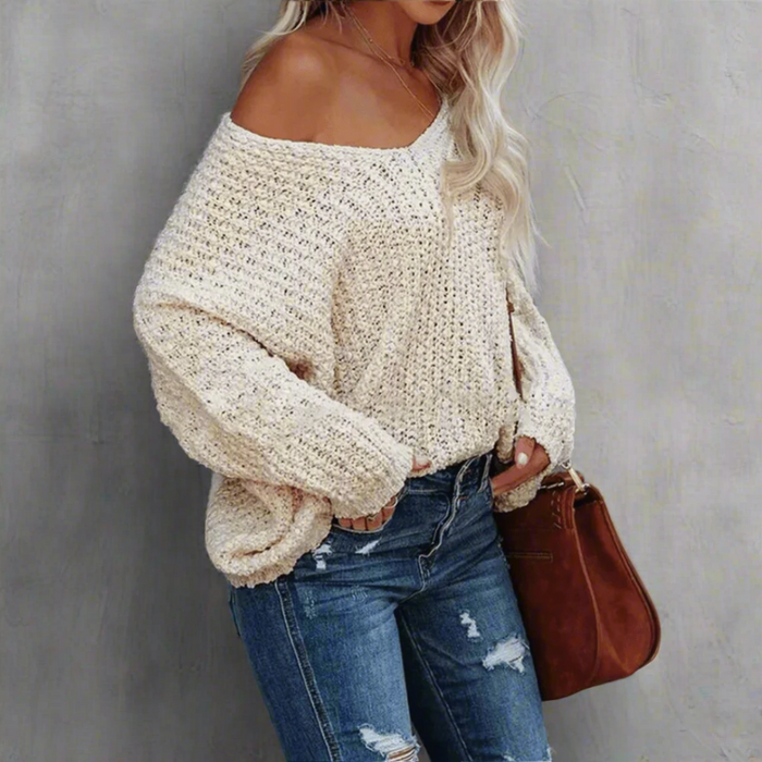 Boho Beach Hut Pullovers, Sweater, Knit Sweater, Boho Sweater Boho Off Shoulder Knit V‑Neck Sweater