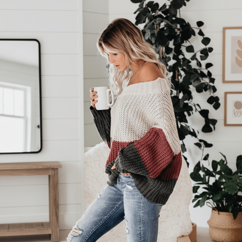 Large Striped Boho Sweater – Off-Shoulder Pullover with Long