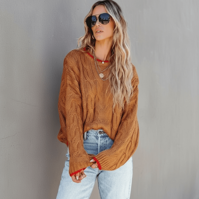 Boho Beach Hut Pullovers, Sweater, Knit Sweater, Boho Sweater Vintage Splice Boho Knit Sweater Orange / S