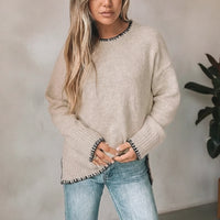 Boho Beach Hut Pullovers, Sweater, Knit Sweater, Long Sleeve Boho Loose Fit Pullover Sweater Khaki / S