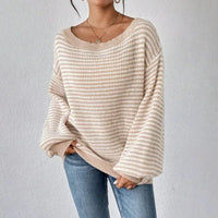 Boho Beach Hut Pullovers, Sweater, Knit Sweater, Striped Sweater Boho Striped Slash Neck Lantern Sleeve Sweater Beige / S