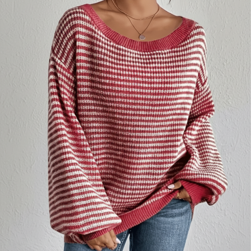 Boho Beach Hut Pullovers, Sweater, Knit Sweater, Striped Sweater Boho Striped Slash Neck Lantern Sleeve Sweater Red / S
