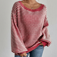 Boho Beach Hut Pullovers, Sweater, Knit Sweater, Striped Sweater Boho Striped Slash Neck Lantern Sleeve Sweater Red / S