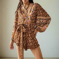 Boho Beach Hut Romper, Mini Romper, Floral Romper Boho Floral Mini Romper Brown / S