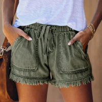 Boho Beach Hut shorts Boho Frayed Hem Denim Shorts Army Green / S
