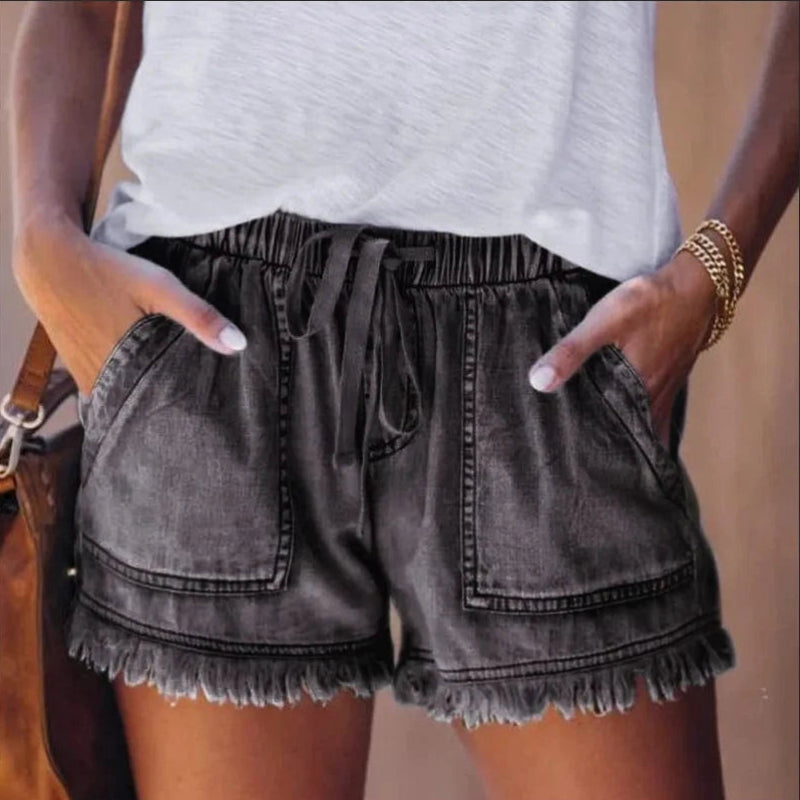 Boho Beach Hut shorts Boho Frayed Hem Denim Shorts Black Gray / S