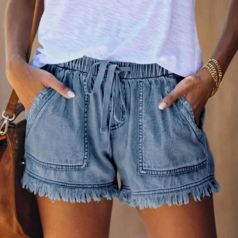 Boho Beach Hut shorts Boho Frayed Hem Denim Shorts Gray Blue / S