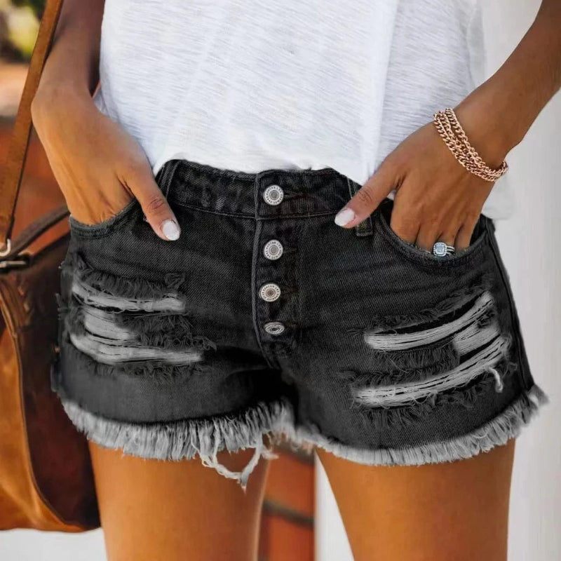Boho Beach Hut Shorts, Jean Shorts, Holey Shorts, Distressed Shorts Ripped Distressed Shorts Black / S
