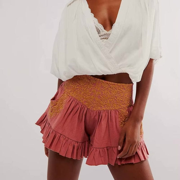 Boho Beach Hut Shorts, Ruffle Shorts, Boho Shorts Boho Floral Embroidered Ruffle Edge Shorts Pink / S