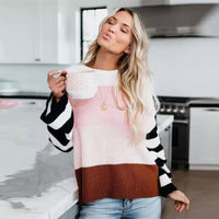 Boho Beach Hut Sweater, Striped Sweater, Pullover, Pink Sweater, Brown Sweater Boho Striped Casual Pullover Knit Sweater Pink / S