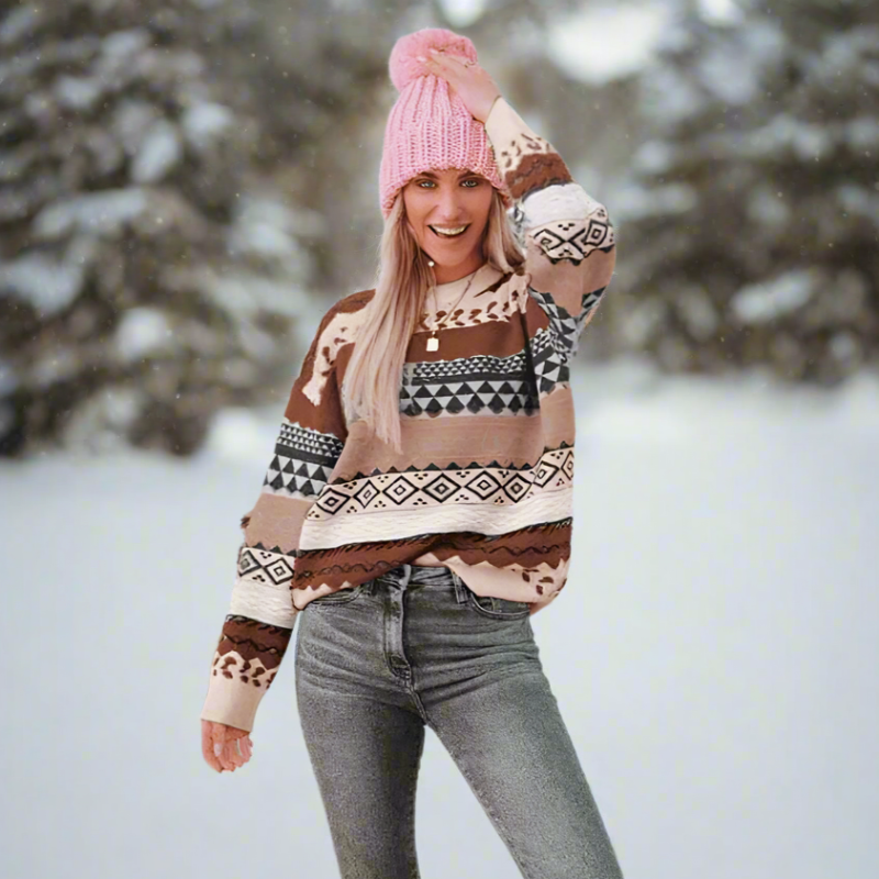 Boho Beach Hut Sweater, Striped Sweater, Pullover, Pink Sweater, Brown Sweater, Gray Sweater Brown / S Boho Inspired Knit Pullover Sweater
