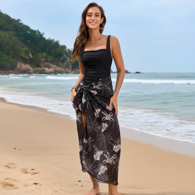 Boho Beach Hut Swimwear, One Piece Swimsuit Floral One Piece Swimsuit with Ruched Sides Black Skirt & Swimsuit Set / S