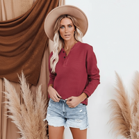 Boho Beach Hut T-Shirts Casual Button Up Long Sleeve Shirt Red / S