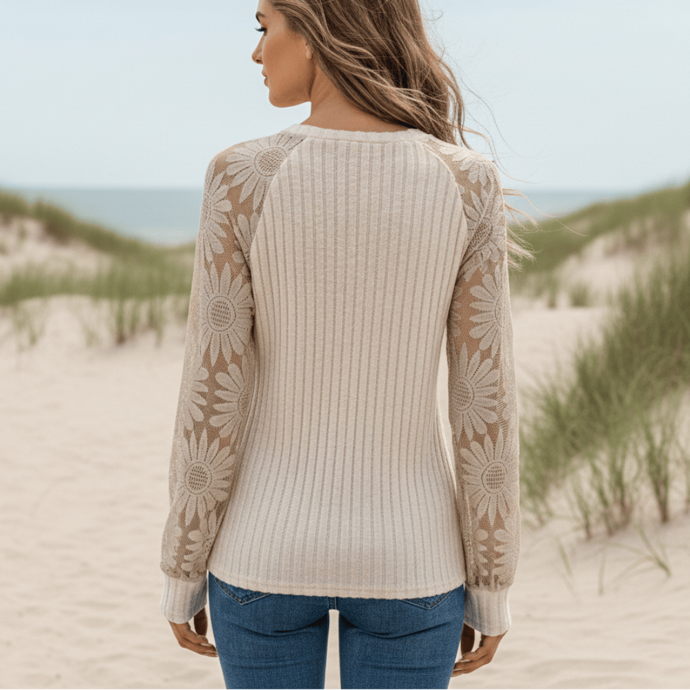 Plus Size Beige Lace Sleeve Blouse – Boho Long Sleeve Top for Women