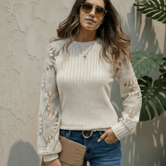 Boho Beach Hut T-Shirts, Long Sleeve Shirt, Lace Top, Blouse Lace Long Sleeve Boho Blouse Beige / S