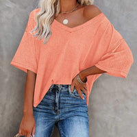 Boho Beach Hut T-Shirts, Short Sleeve Shirt Over-Sized Casual V-Neck Shirt Coral / S