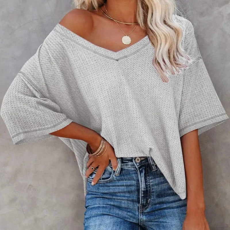 Boho Beach Hut T-Shirts, Short Sleeve Shirt Oversized Casual V-Neck Shirt Gray / S