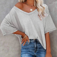 Boho Beach Hut T-Shirts, Short Sleeve Shirt Oversized Casual V-Neck Shirt Gray / S