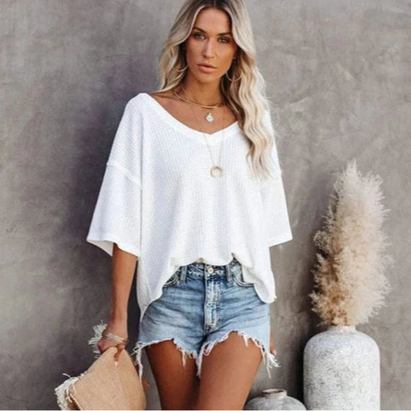Boho Beach Hut T-Shirts, Short Sleeve Shirt Oversized Casual V-Neck Shirt White / S