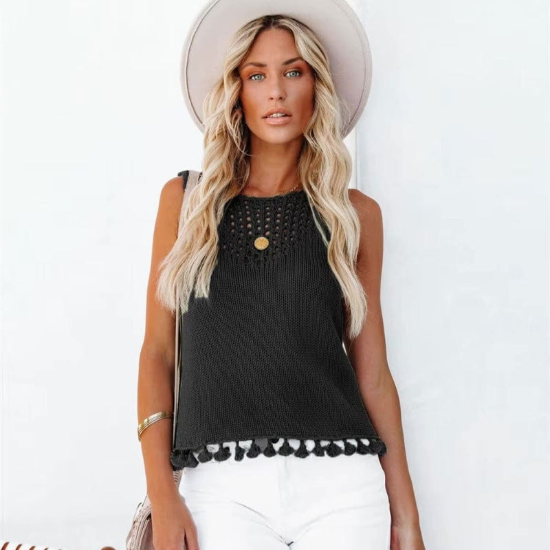 Boho Beach Hut Tank Top, Sleeveless Shirt Boho Knit Tassel Sleeveless Top Black / S