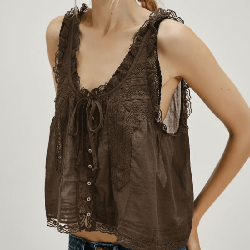 Boho Beach Hut Tank Top, Sleeveless Shirt Boho Lace Tank Top Brown / S