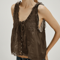 Boho Beach Hut Tank Top, Sleeveless Shirt Boho Lace Tank Top Brown / S