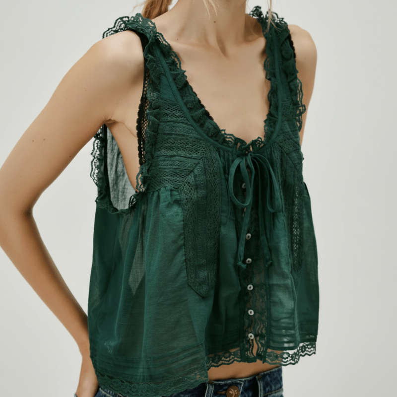 Boho Beach Hut Tank Top, Sleeveless Shirt Boho Lace Tank Top Green / S