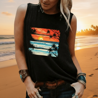 Boho Beach Hut Tank Top, Sleeveless Shirt, Graphic Tank Tropical Sunset Vintage Tank Black / S